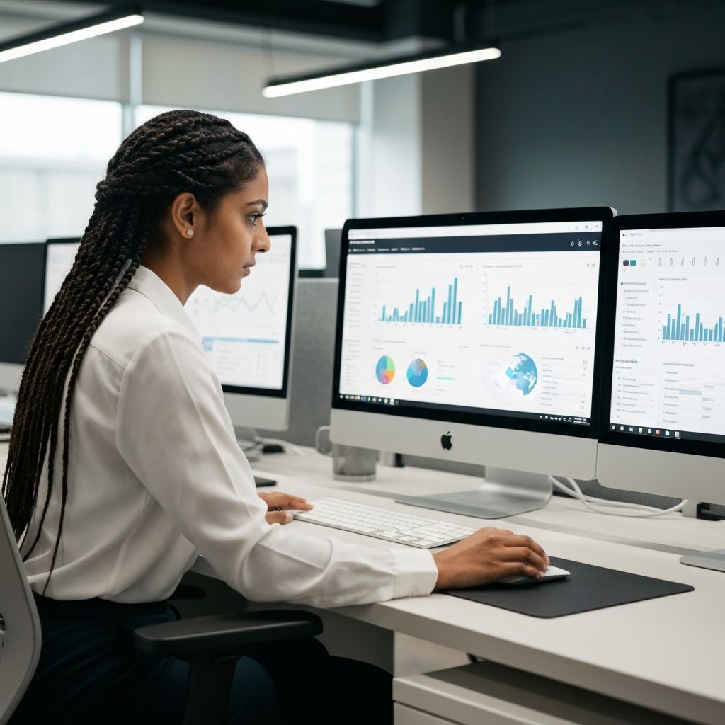 Analista financiero trabajando con reportes digitales en computadora