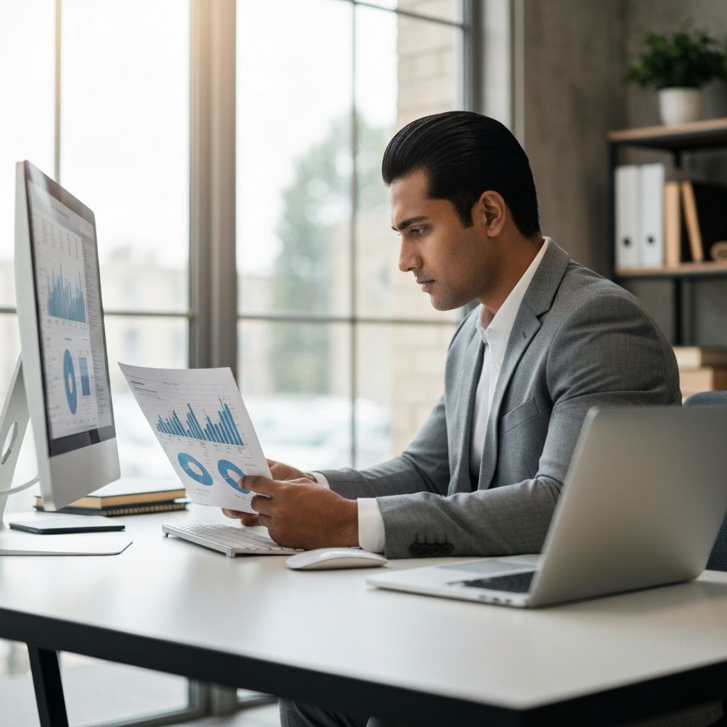 Profesional analizando reportes financieros en una oficina moderna