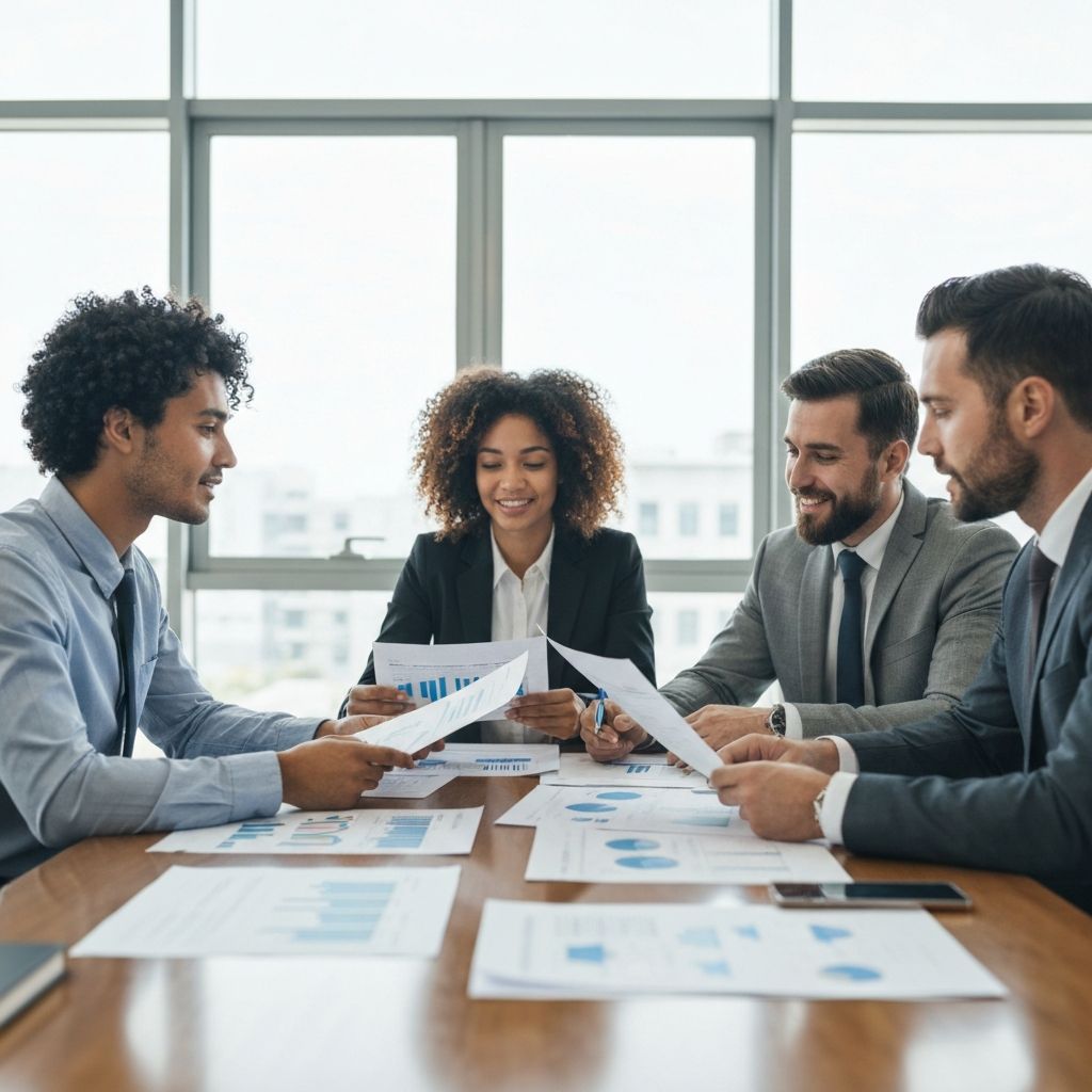 Equipo financiero discutiendo reportes y estrategias en una sala de reuniones